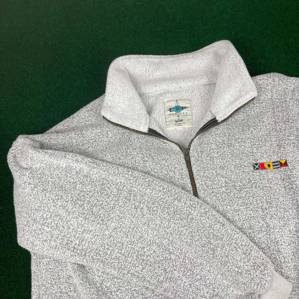 EXP Designs Full Zip Fleece‎ Sweater Men's L Gray Spekle Nautical Flags